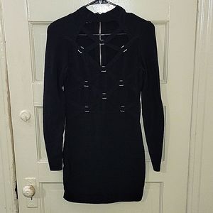 BEBE Silver Tone Long Sleeve Black Bodycon Dress